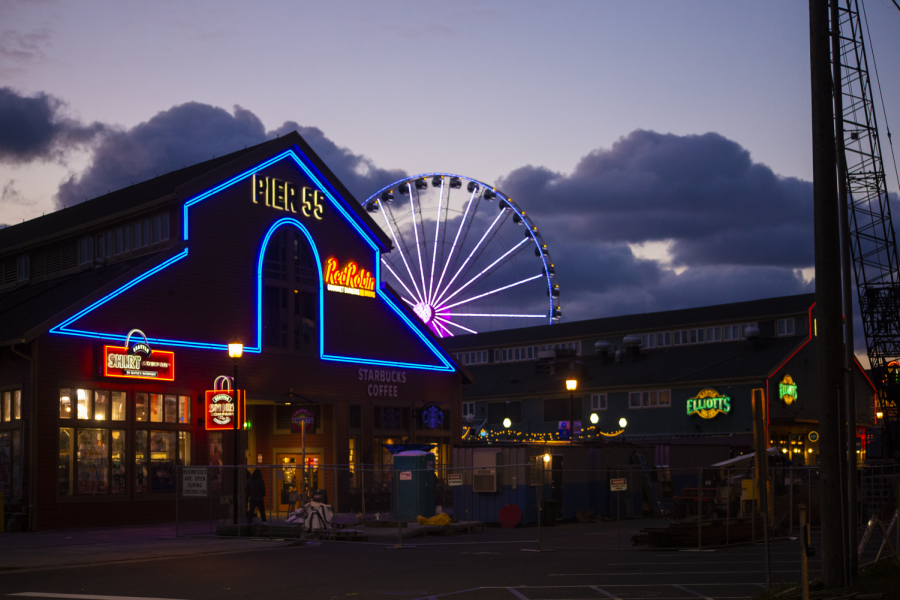 NIGHT AT PIER 55: Pier 55 is one of the many popular destinations in Seattle and is home to restaurants, the Seattle Great Wheel, and the Seattle aquarium. 