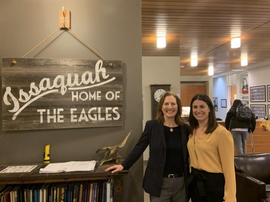 SPECIAL EVENT: The Representative of the 8th congressional district, Kim Schrier,  visited Issaquah High School to discuss the world of politics, issues that are affecting the nation, and promote political awareness. AP Government teacher Jaci Belur (right) was her special guest to the State of the Union address.